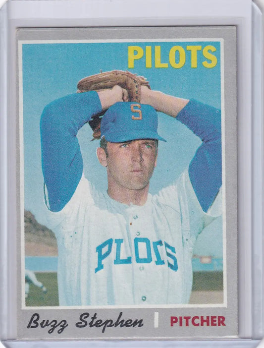 Topps Baseball card of Buzz Stephen, Seattle Pilots pitcher in wind-up pose