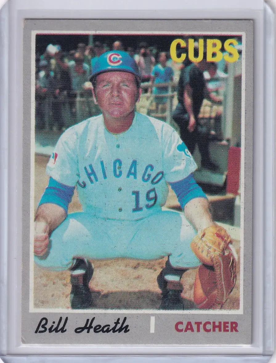 Topps Baseball trading card of Bill Heath, Chicago Cubs catcher in light blue uniform