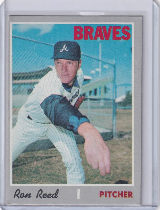 Baseball card of Ron Reed in throwing pose, Topps Baseball for Atlanta Braves fans