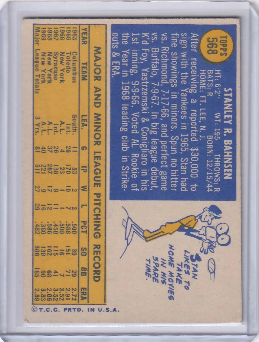 Vintage Topps Baseball card of Stan Bahnsen, New York Yankees pitcher with stats