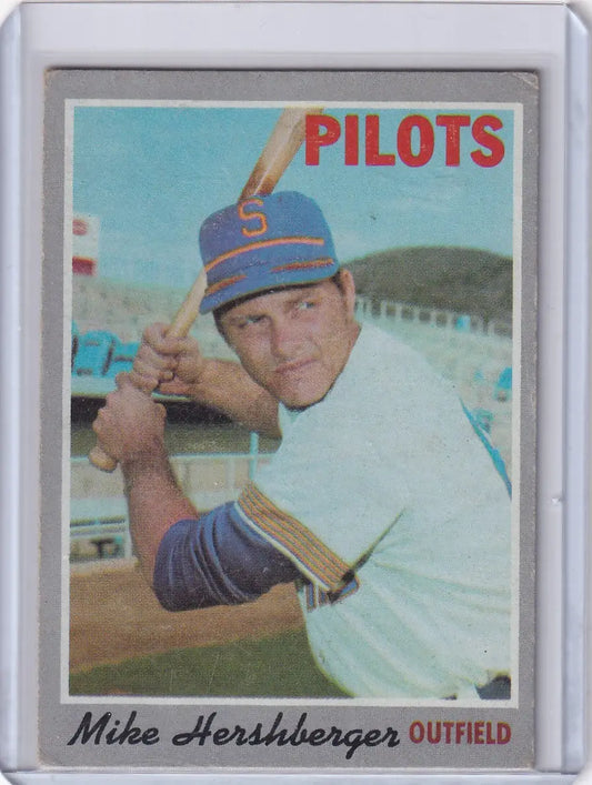 1970 Topps Baseball card of Mike Hershberger, Seattle Pilots outfielder in batting stance