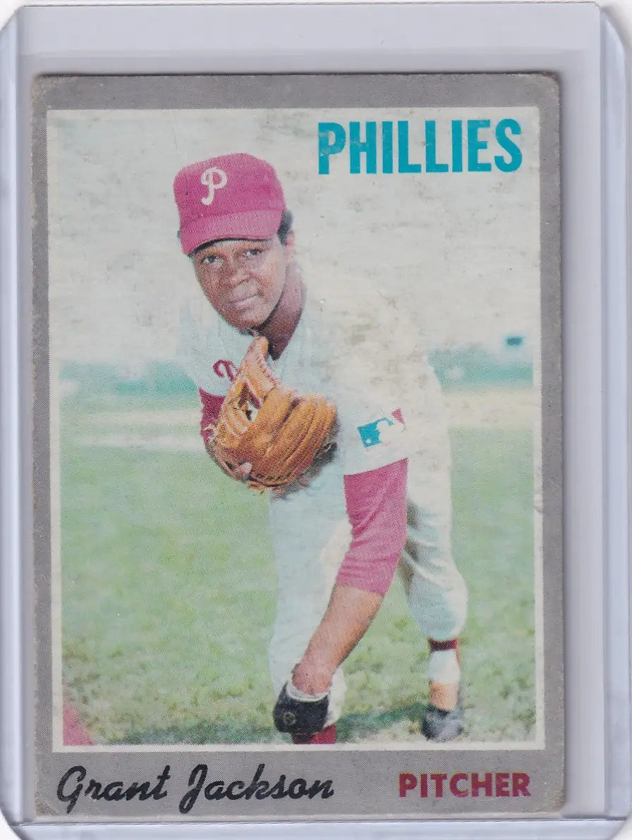 Baseball card of Grant Jackson in throwing stance for Topps Baseball, Philadelphia Phillies