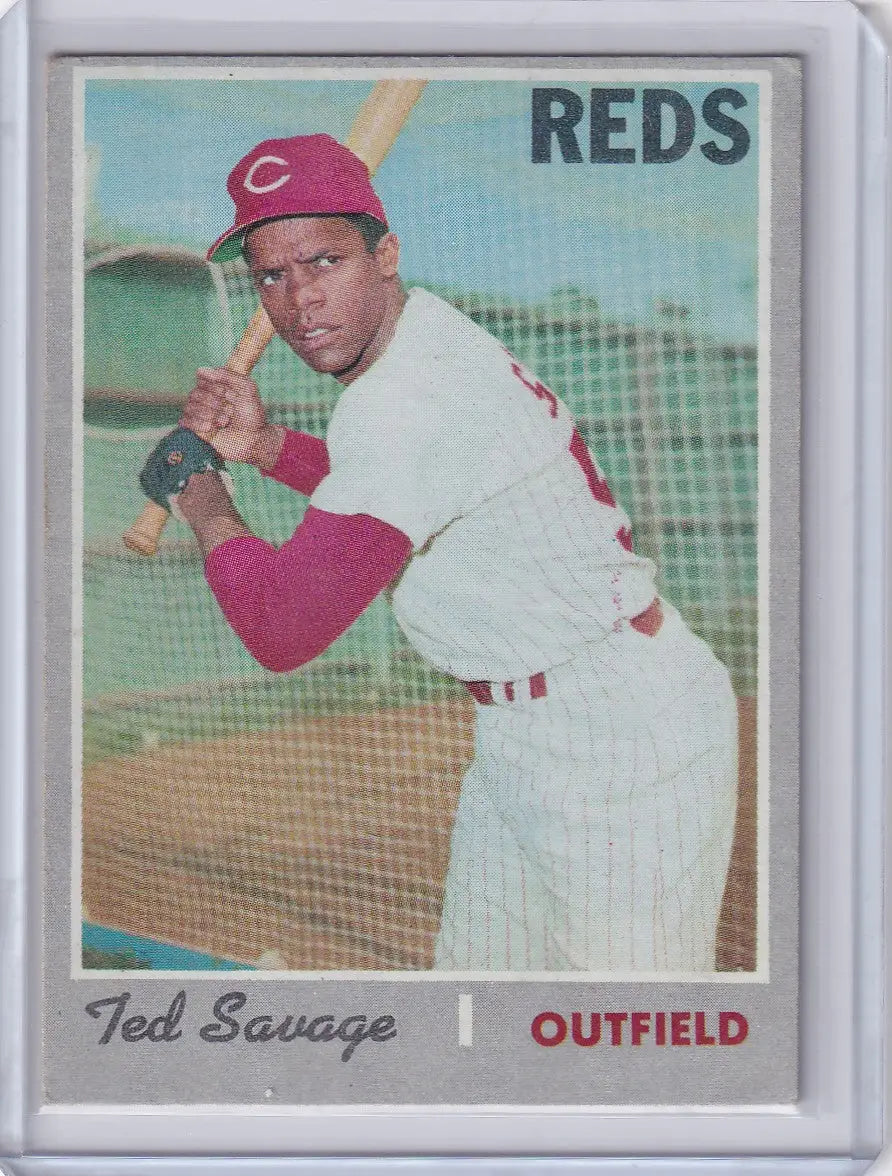 Baseball card of Ted Savage in batting stance for Cincinnati Reds by Topps Baseball