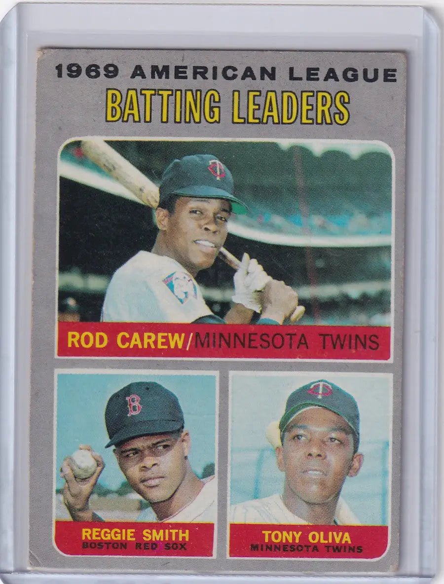 1969 Topps Baseball Batting Leaders card featuring Rod Carew, Smith, and Tony Oliva