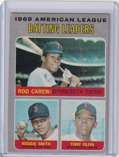 1969 Topps Baseball Batting Leaders card featuring Rod Carew, Smith, and Tony Oliva