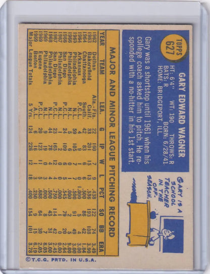 1970 Topps Baseball #627 Gary Wagner baseball card with Boston Red Sox stats on yellow背景