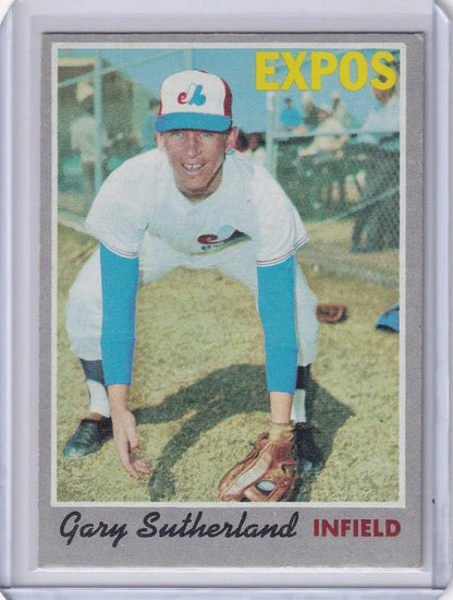Topps Baseball card of Gary Sutherland in fielding stance for Montreal Expos