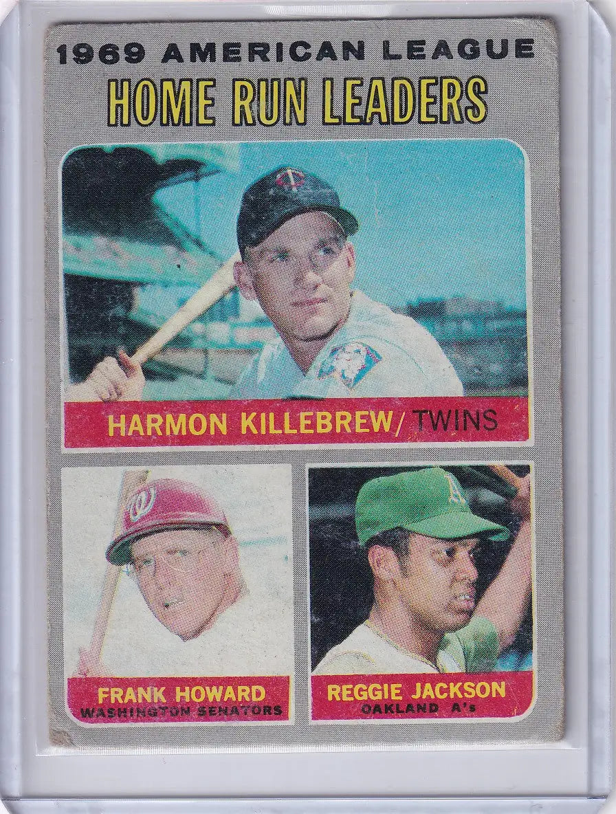 Baseball card of 1969 American League home run leaders Killebrew, Howard, and Jackson