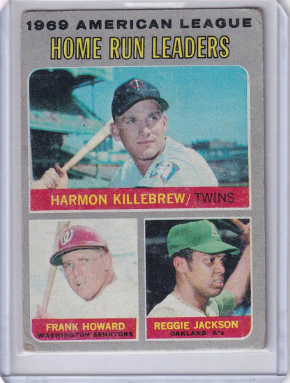 Baseball card of 1969 American League home run leaders Killebrew, Howard, and Jackson