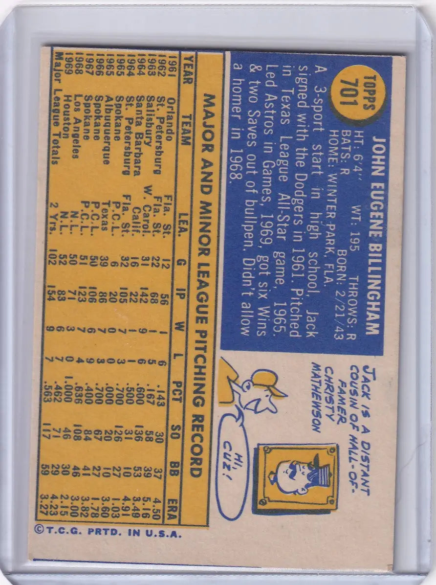 1969 Topps Baseball Jack Billingham Houston Astros card featuring John Eugene Billingham