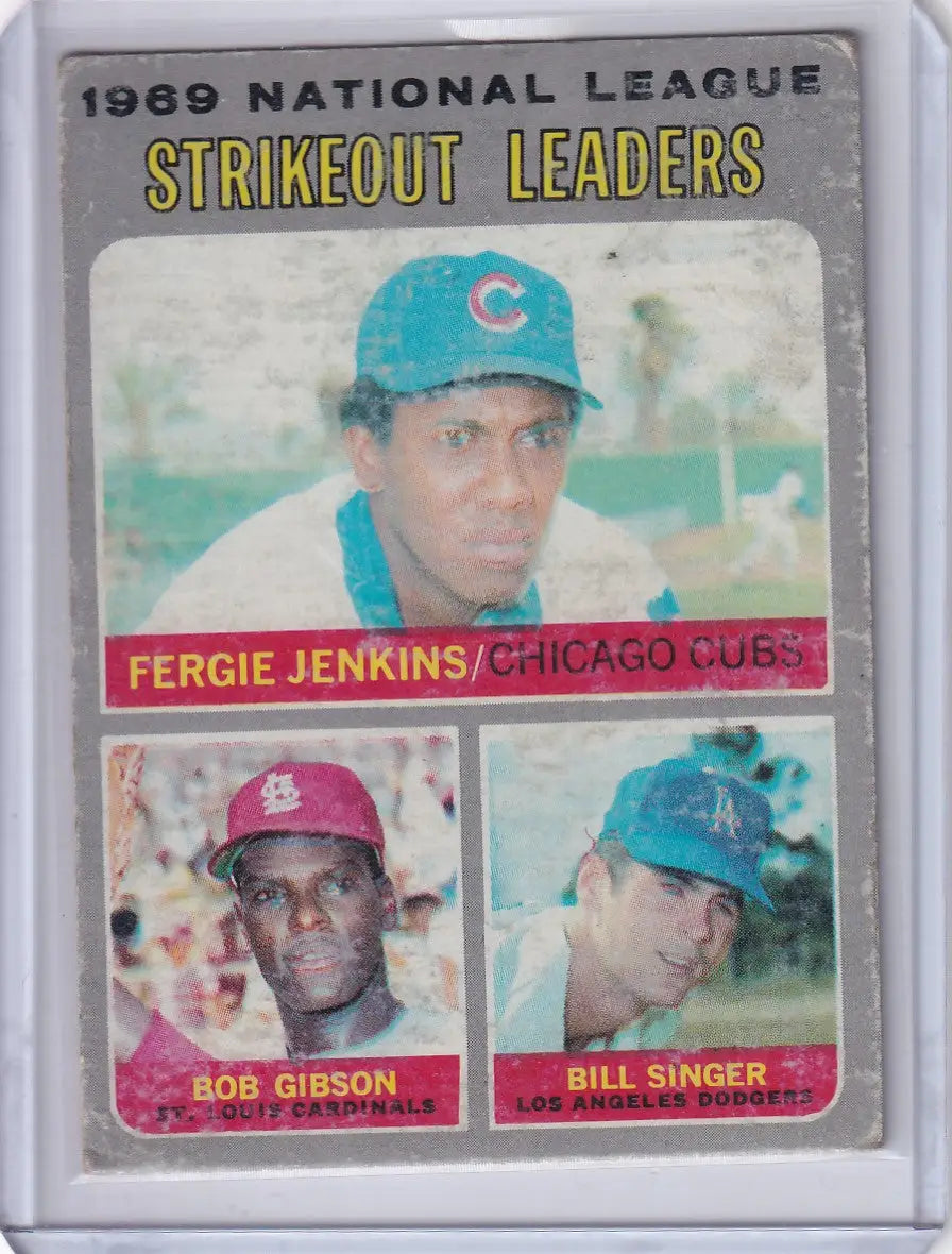 Baseball card of 1969 NL Strikeout Leaders Jenkins Gibson Singer Topps Baseball