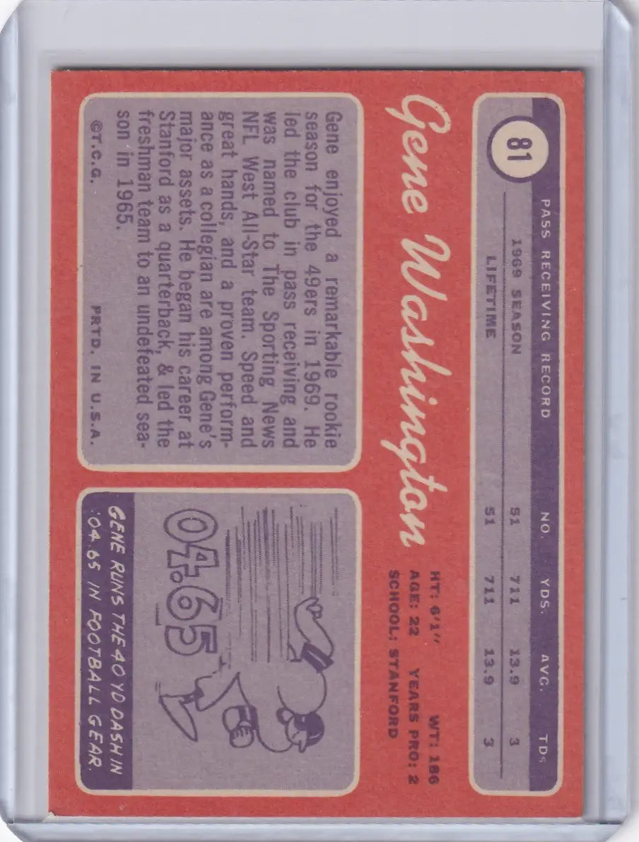 Back of vintage 1970 Topps Football Gene Washington San Francisco 49ers card