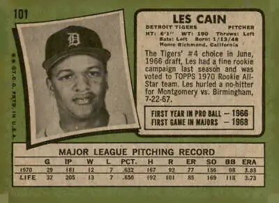 Vintage Les Cain baseball card from 1971 Topps #101, a collectible Cain card
