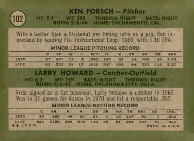 Baseball trading card back featuring 1971 Topps Houston Astros Rookie Stars Ken Forsch and Larry Howard