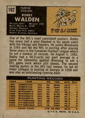 1971 Topps Bobby Walden football card featuring Pittsburgh Steelers player in EX-NM condition