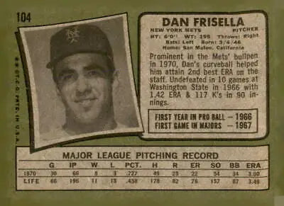 Vintage baseball card of Dan Frisella from the York Mets 1971 Topps #104 collection