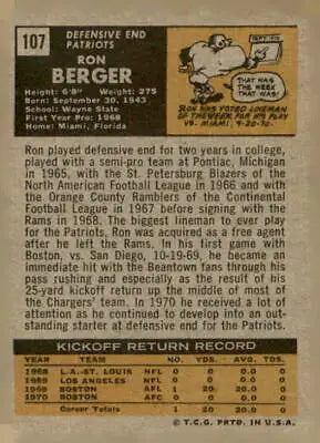 Ron Berger football card from 1971 Topps #107 featuring England Patriots player