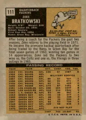 Vintage Zeke Bratkowski football card 1971 Topps Green Bay Packers collectible
