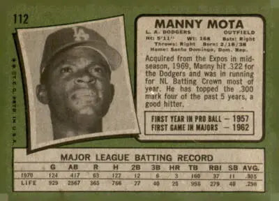 1971 Topps Manny Mota baseball card, a vintage sports trading card collectible