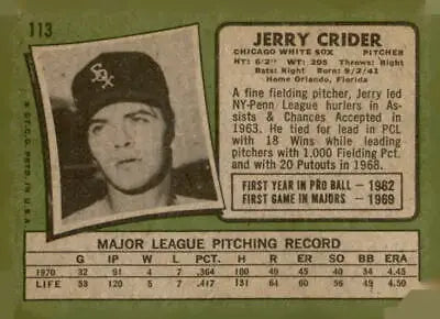 Vintage 1971 Topps Jerry Crider baseball card featuring Chicago White Sox player