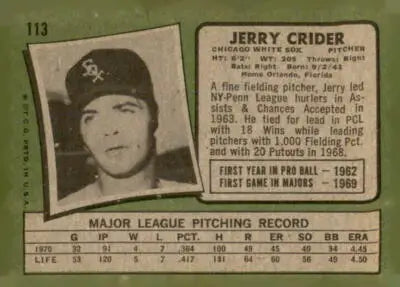 Vintage Jerry Crider baseball card from 1971 Topps sports trading collection