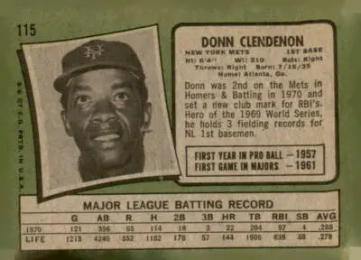 Donn Clendenon baseball trading card from 1971 Topps #115 featuring Donn Clendenon