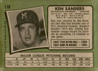 Vintage Ken Sanders baseball trading card from 1971 Topps #116 featuring Ken Sanders