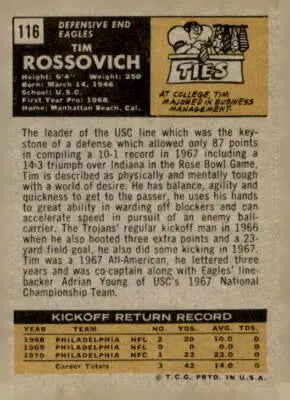 Vintage football card of Tim Rossovich from the Philadelphia Eagles 1971 Topps #116