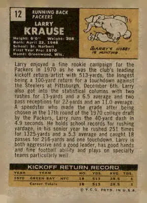 Vintage Larry Krause football card featuring 1971 Topps #12 Green Bay Packers player