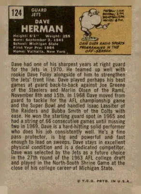 Vintage Dave Herman football card from 1971 Topps featuring York Jets player
