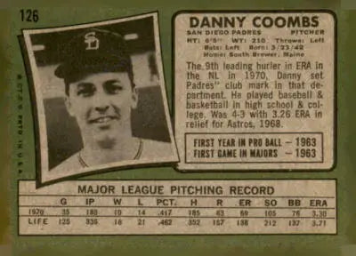 Vintage 1971 Topps Danny Coombs trading card from the Danny Coombs trading collection