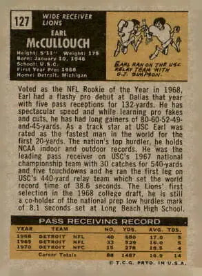 Vintage 1971 Topps Earl McCullouch football card featuring Earl Mccullouch action