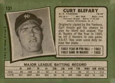 Vintage 1971 Topps Curt Blefary sports trading card in excellent condition