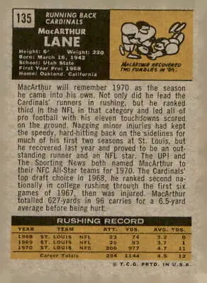 Vintage football card of MacArthur Lane from the 1971 Topps #135 Louis Cardinals collection