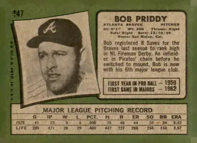 Vintage 1971 Topps #147 Bob Priddy sports trading card showcasing classic sports trading memorabilia