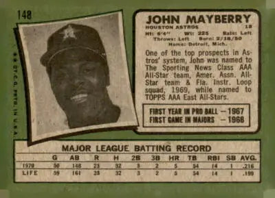 Vintage 1971 Topps John Mayberry baseball card featuring John Mayberry action image