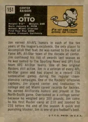 Vintage Jim Otto football card from 1971 Topps #151 featuring Oakland Raiders player
