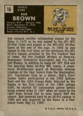 Vintage Bob Brown football card featuring Los Angeles Rams from 1971 Topps #16