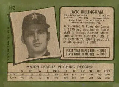Vintage Jack Billingham baseball card from 1971 Topps #162 featuring Jack Billingham