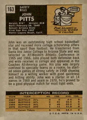 Vintage football card back featuring John Pitts from 1971 Topps #163 Buffalo Bills
