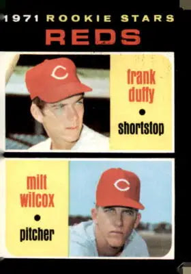 1971 Rookie Stars baseball trading card of Cincinnati Reds rookie stars Frank Duffy and Milt Wilcox