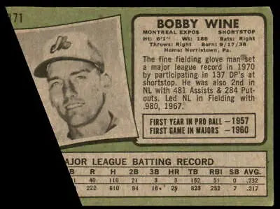 Vintage Bobby Wine baseball trading card from 1971 Topps #171 featuring Montreal Expos player