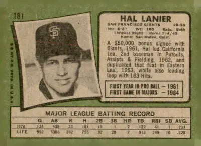 Vintage Hal Lanier baseball card from 1971 Topps #181 featuring San Francisco Giants player