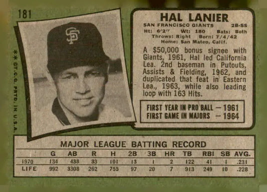 Vintage Hal Lanier baseball card from 1971 Topps #181 featuring Hal Lanier of the San Francisco Giants