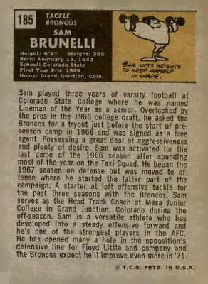 Vintage football card of Sam Brunelli from 1971 Topps featuring Denver Broncos memorabilia