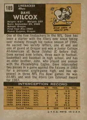 Vintage 1971 Topps Dave Wilcox football card showcasing San Francisco 49ers player
