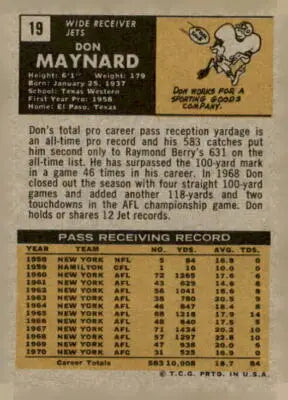 Don Maynard York Jets trading card from 1971 Topps #19 showing vintage football collectible
