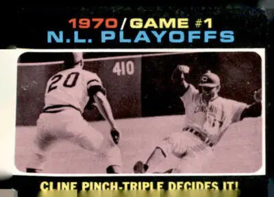 Vintage baseball card of Cincinnati Reds from 1971 Topps playoffs game featuring Cline pinch-triple