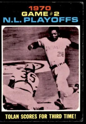 1970 N.L. Playoffs baseball card showing Tolan scores for the third time in playoffs game