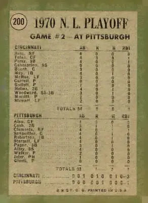 Vintage baseball card from 1971 Topps showing Tolan scores for the third time in playoffs game